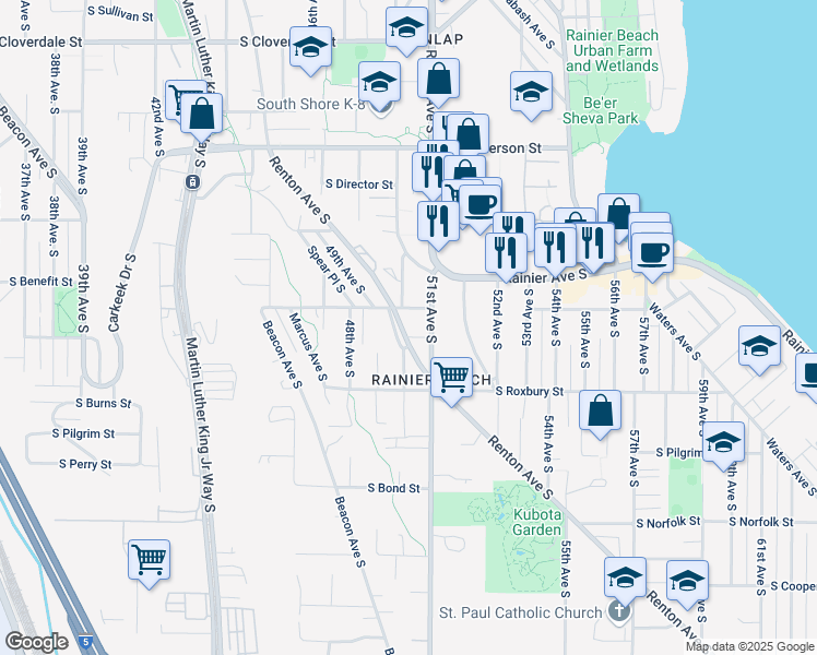 map of restaurants, bars, coffee shops, grocery stores, and more near 9314 Renton Avenue South in Seattle