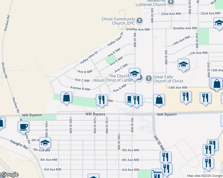 map of restaurants, bars, coffee shops, grocery stores, and more near 1101 11th St NW in Great Falls