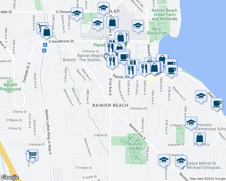 map of restaurants, bars, coffee shops, grocery stores, and more near 9312 51st Avenue South in Seattle