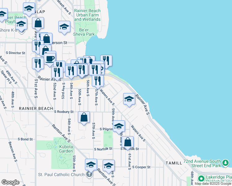 map of restaurants, bars, coffee shops, grocery stores, and more near 9335 Lima Terrace South in Seattle