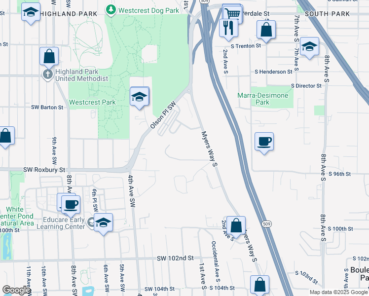 map of restaurants, bars, coffee shops, grocery stores, and more near 9401 Myers Way S in Seattle