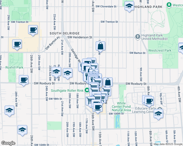 map of restaurants, bars, coffee shops, grocery stores, and more near 9420 16th Avenue Southwest in Seattle