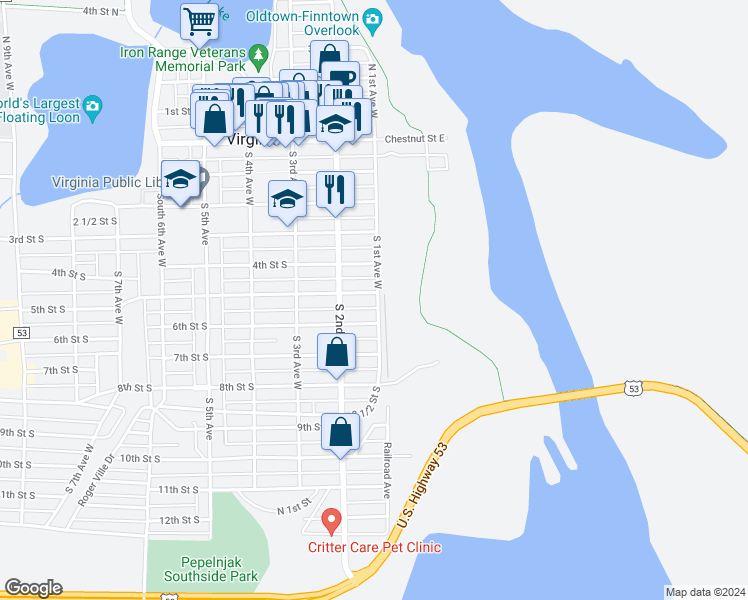 map of restaurants, bars, coffee shops, grocery stores, and more near 116 5th Street South in Virginia