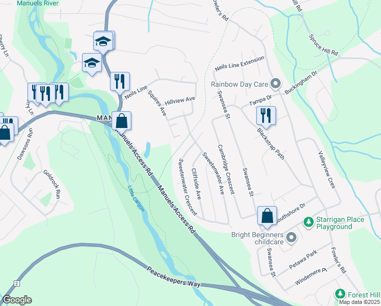 map of restaurants, bars, coffee shops, grocery stores, and more near 7 Sweetenwater Crescent in Conception Bay South