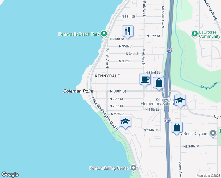 map of restaurants, bars, coffee shops, grocery stores, and more near 906 North 30th Street in Renton