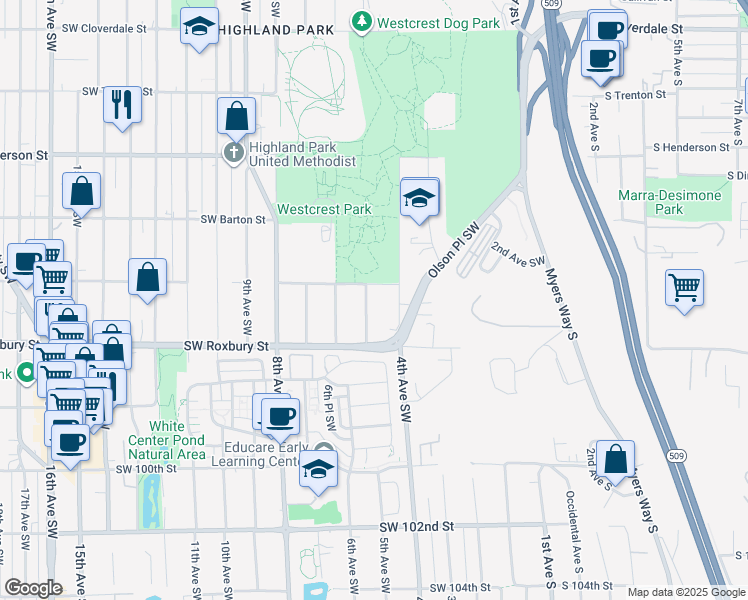 map of restaurants, bars, coffee shops, grocery stores, and more near 9414 5th Avenue Southwest in Seattle