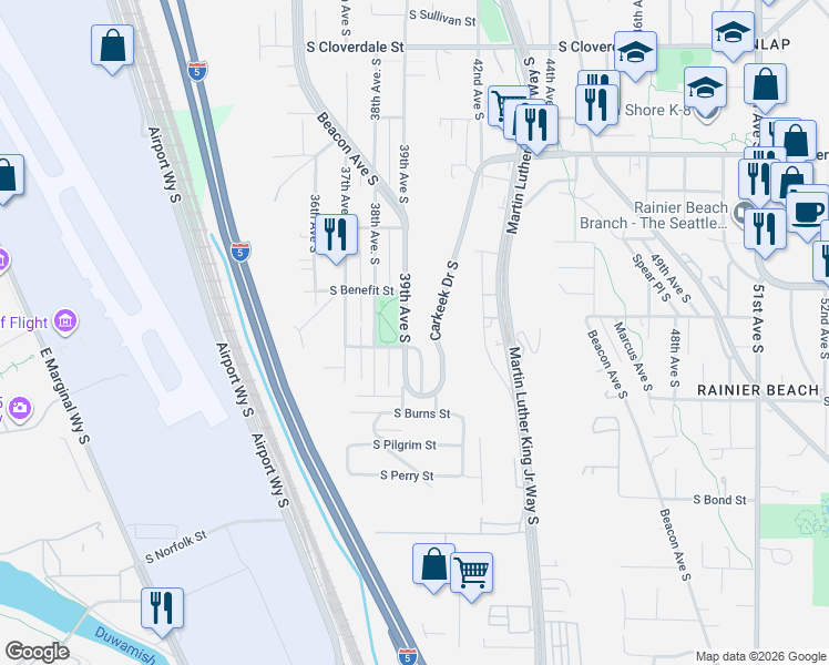 map of restaurants, bars, coffee shops, grocery stores, and more near 9341 Carkeek Drive South in Seattle