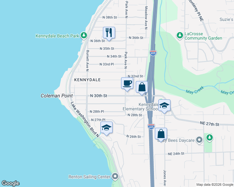 map of restaurants, bars, coffee shops, grocery stores, and more near 1124 North 30th Street in Renton