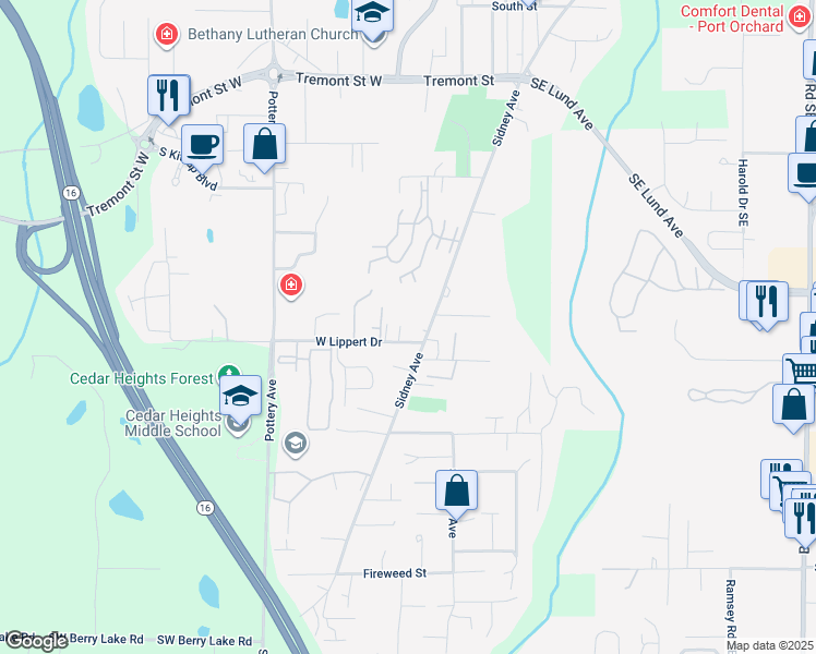 map of restaurants, bars, coffee shops, grocery stores, and more near 115 West Lippert Drive in Port Orchard