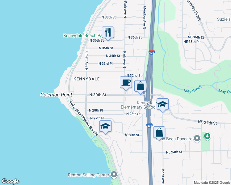 map of restaurants, bars, coffee shops, grocery stores, and more near 1124 North 30th Street in Renton