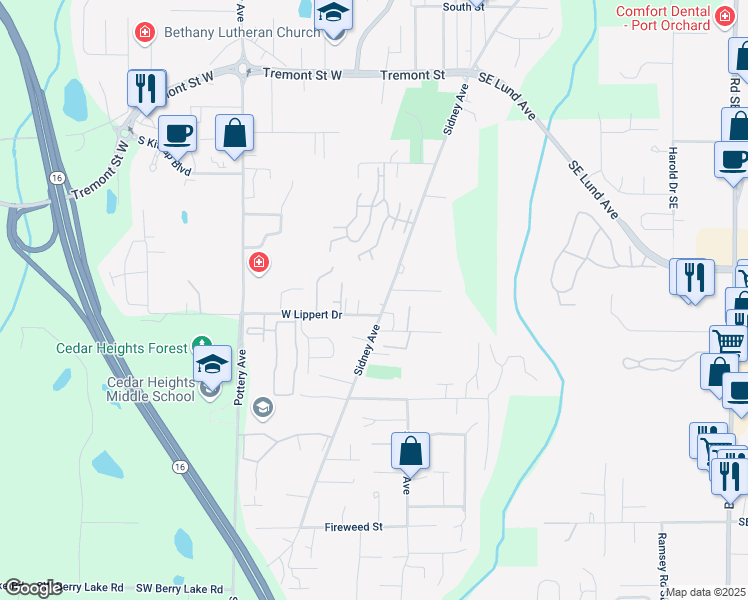 map of restaurants, bars, coffee shops, grocery stores, and more near 1970 Sidney Avenue in Port Orchard