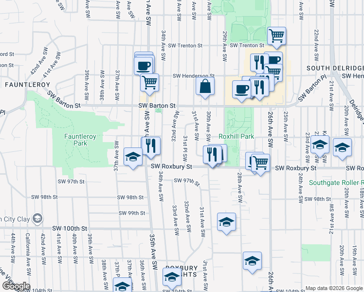 map of restaurants, bars, coffee shops, grocery stores, and more near 9350 31st Place Southwest in Seattle