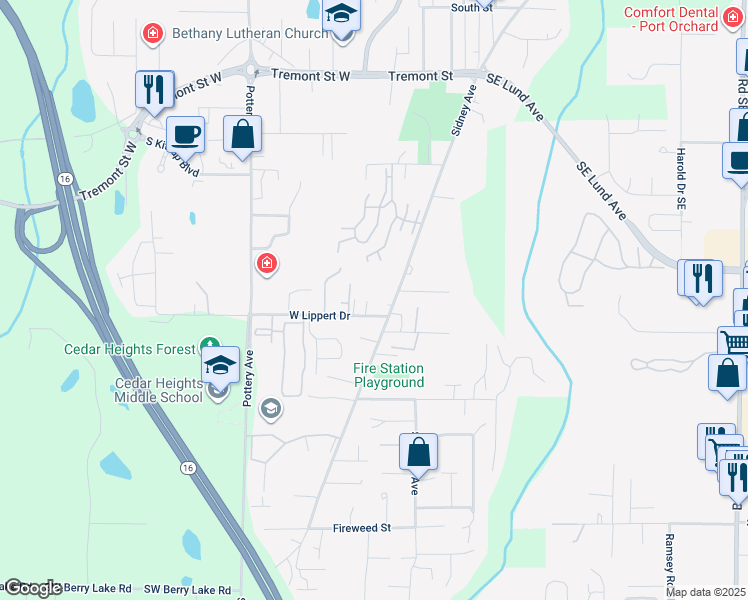 map of restaurants, bars, coffee shops, grocery stores, and more near 131 West Lippert Drive in Port Orchard
