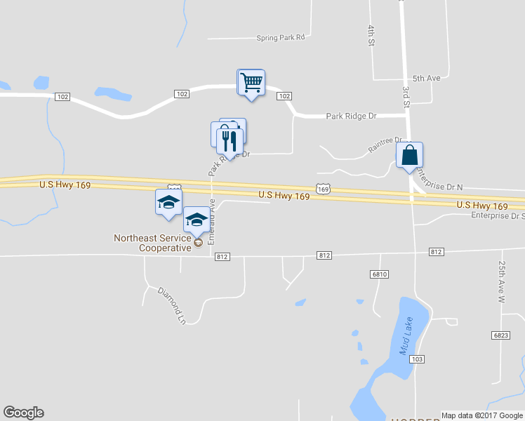 map of restaurants, bars, coffee shops, grocery stores, and more near 8586 Enterprise Drive South in Mountain Iron