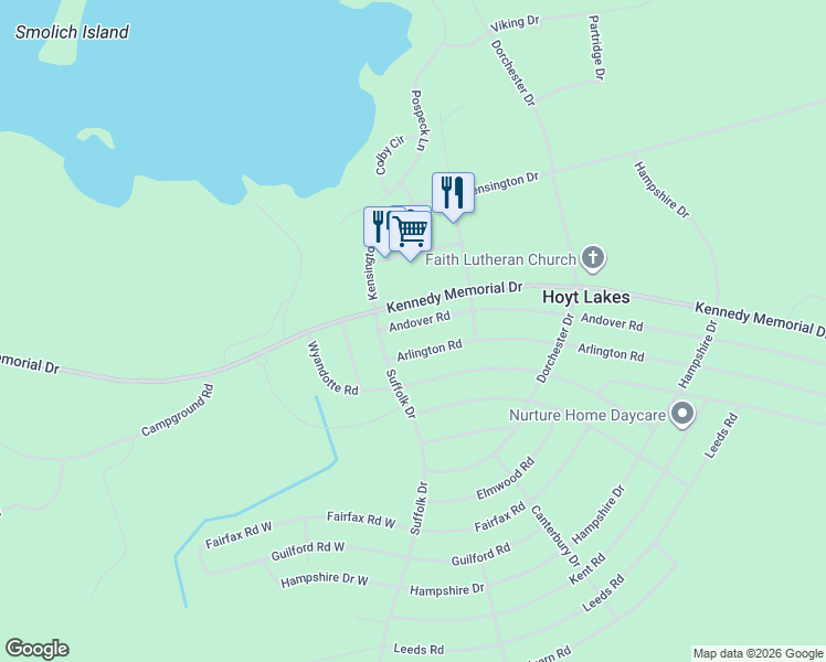 map of restaurants, bars, coffee shops, grocery stores, and more near in Hoyt Lakes