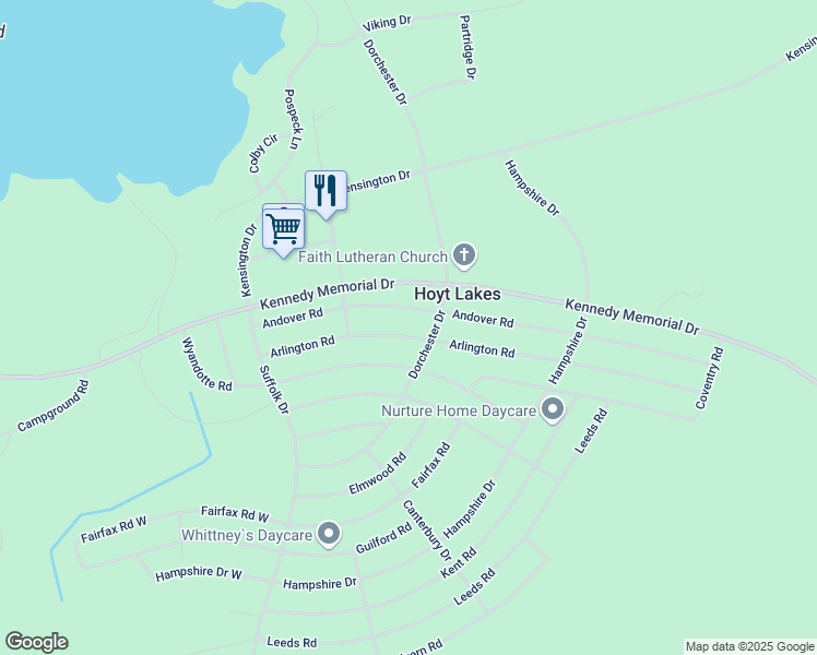map of restaurants, bars, coffee shops, grocery stores, and more near 241 Arlington Road in Hoyt Lakes
