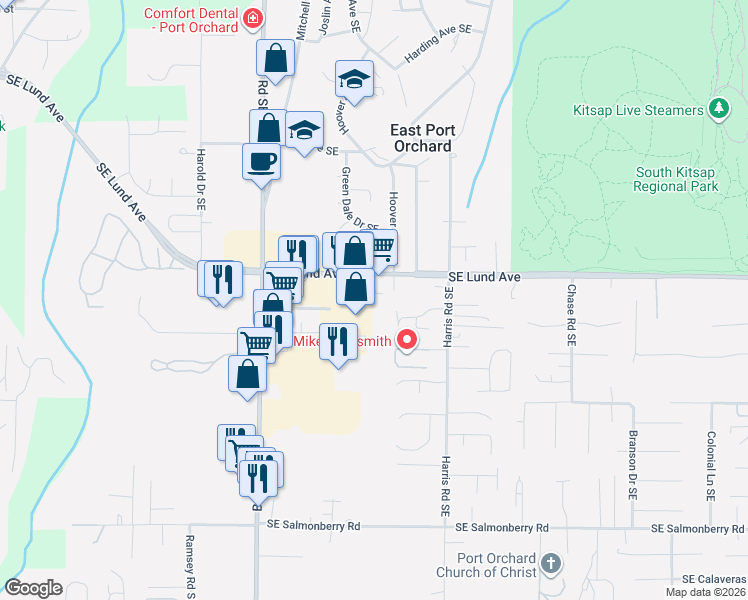 map of restaurants, bars, coffee shops, grocery stores, and more near 3312 Valentine Lane Southeast in Port Orchard