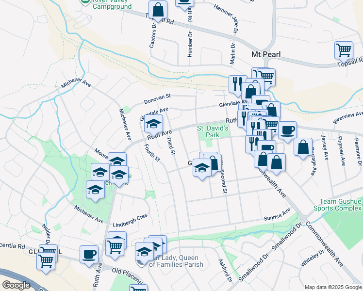 map of restaurants, bars, coffee shops, grocery stores, and more near 13 Kennedy Place in Mount Pearl