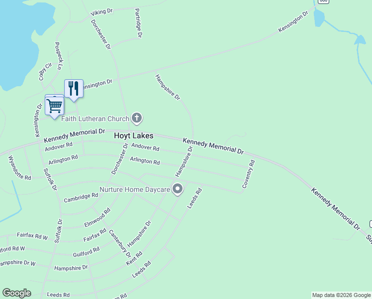 map of restaurants, bars, coffee shops, grocery stores, and more near 336 Andover Road in Hoyt Lakes