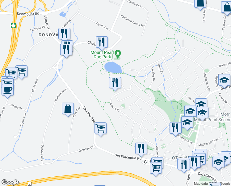 map of restaurants, bars, coffee shops, grocery stores, and more near 10 Sauve Street in Mount Pearl