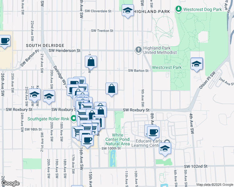 map of restaurants, bars, coffee shops, grocery stores, and more near 9418 12th Avenue Southwest in Seattle