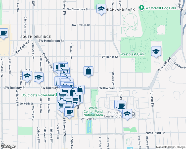 map of restaurants, bars, coffee shops, grocery stores, and more near 9418 12th Avenue Southwest in Seattle