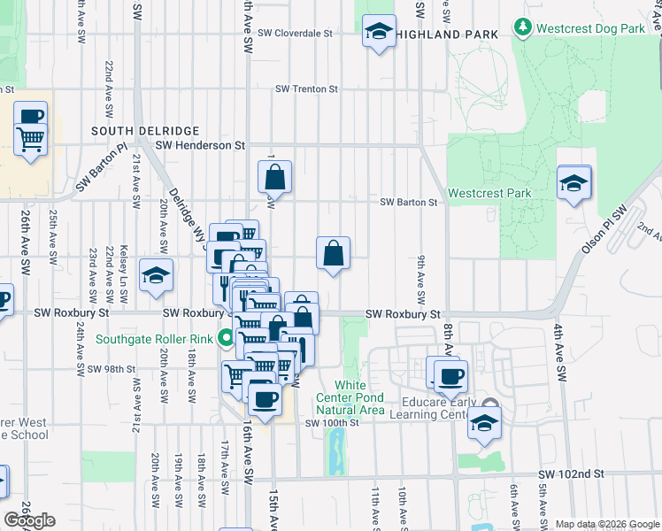 map of restaurants, bars, coffee shops, grocery stores, and more near 9418 12th Avenue Southwest in Seattle