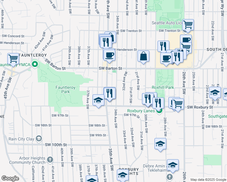 map of restaurants, bars, coffee shops, grocery stores, and more near 9425 34th Avenue Southwest in Seattle