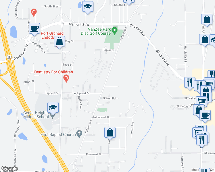 map of restaurants, bars, coffee shops, grocery stores, and more near 132 Southwest Marcia Way in Port Orchard