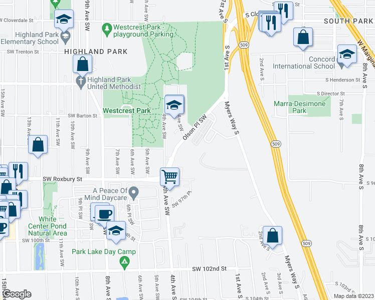 map of restaurants, bars, coffee shops, grocery stores, and more near 9426 Olson Place Southwest in Seattle