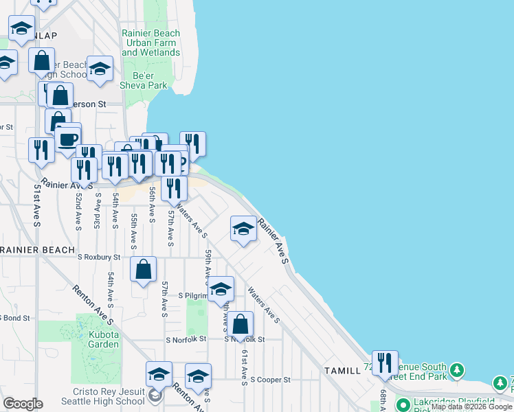map of restaurants, bars, coffee shops, grocery stores, and more near 9640 Rainier Avenue South in Seattle