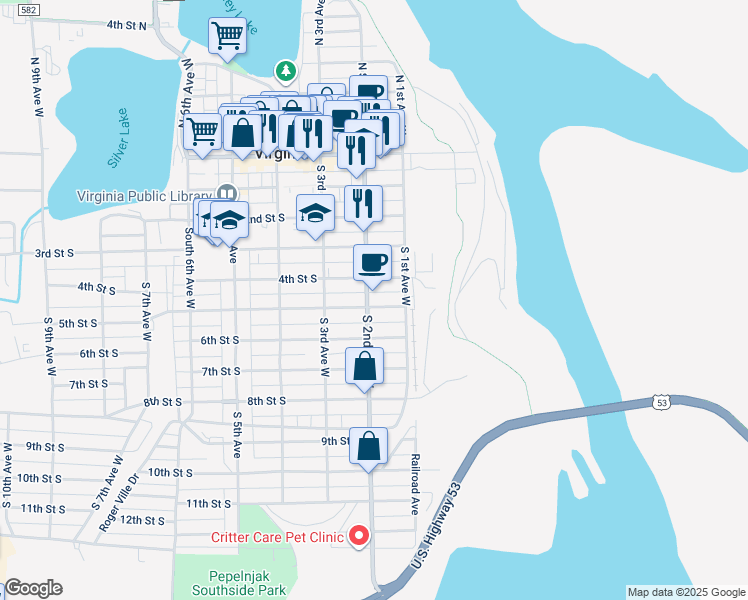 map of restaurants, bars, coffee shops, grocery stores, and more near 116 5th Street South in Virginia