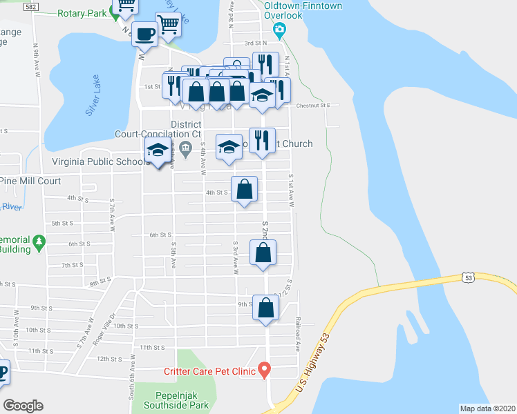 map of restaurants, bars, coffee shops, grocery stores, and more near 212 5th Street South in Virginia