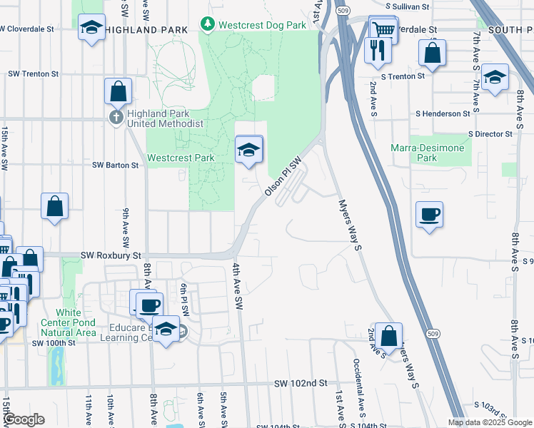 map of restaurants, bars, coffee shops, grocery stores, and more near 9426 Olson Place Southwest in Seattle