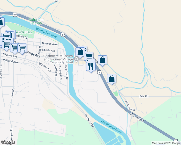 map of restaurants, bars, coffee shops, grocery stores, and more near 130 Titchenal Way in Cashmere