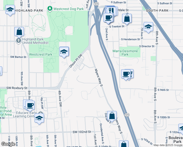 map of restaurants, bars, coffee shops, grocery stores, and more near 9401 Myers Way South in Seattle
