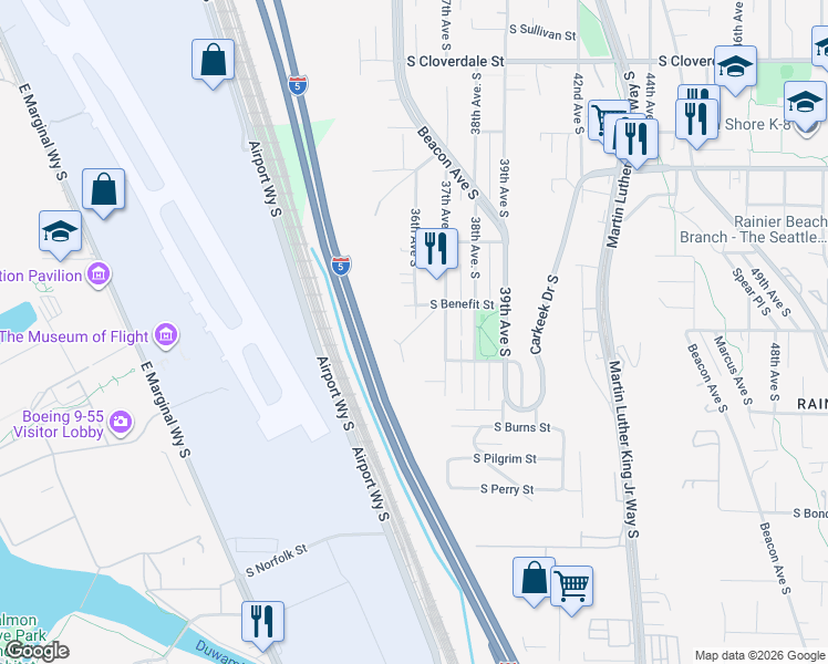 map of restaurants, bars, coffee shops, grocery stores, and more near S Ronald Dr in Seattle