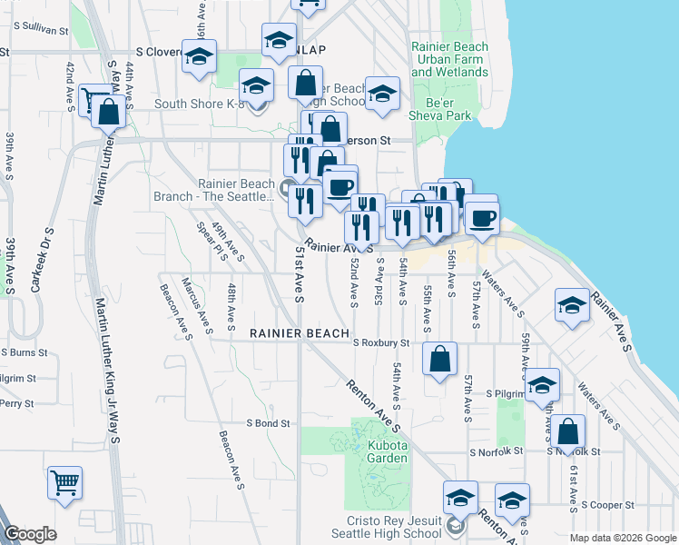 map of restaurants, bars, coffee shops, grocery stores, and more near 9317 52nd Avenue South in Seattle