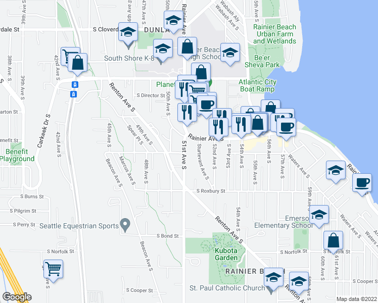 map of restaurants, bars, coffee shops, grocery stores, and more near 9312 51st Avenue South in Seattle