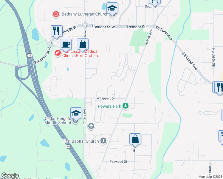 map of restaurants, bars, coffee shops, grocery stores, and more near 145 West Lippert Drive in Port Orchard