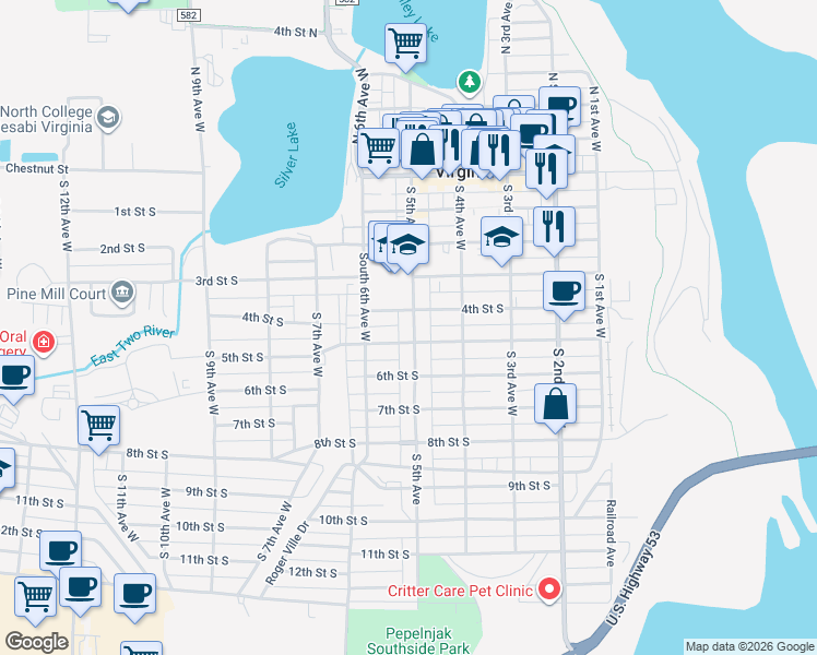 map of restaurants, bars, coffee shops, grocery stores, and more near 508 5th Street South in Virginia
