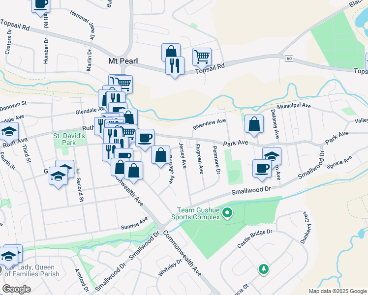 map of restaurants, bars, coffee shops, grocery stores, and more near 3 Jersey Avenue in Mount Pearl