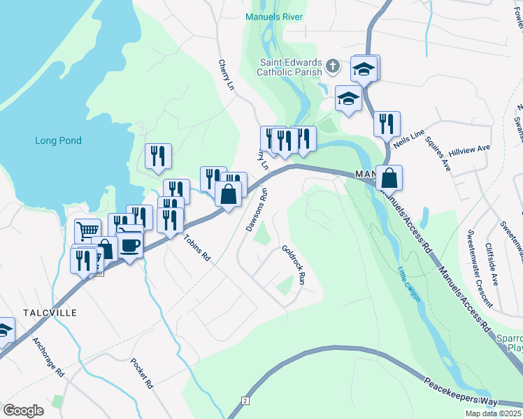 map of restaurants, bars, coffee shops, grocery stores, and more near 15 Dawsons Run in Conception Bay South