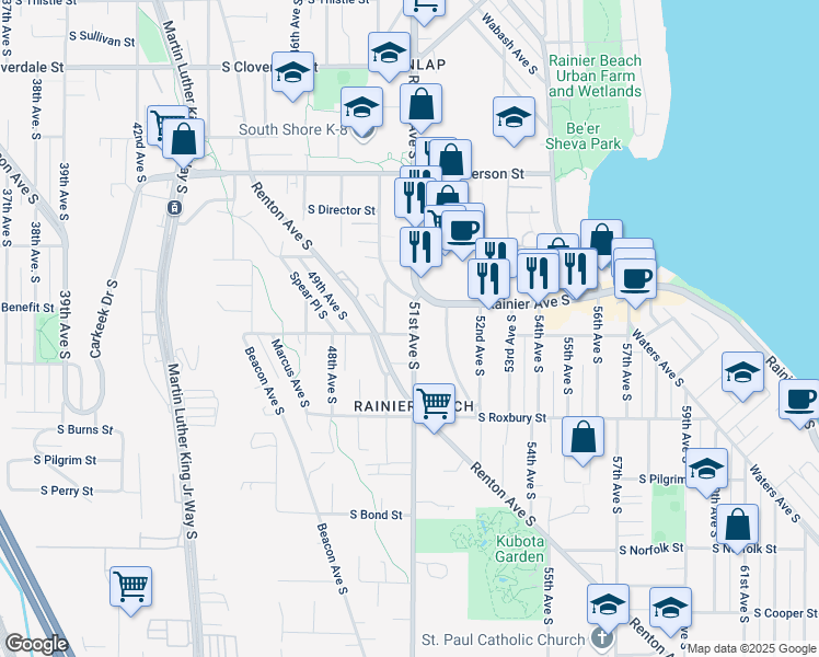 map of restaurants, bars, coffee shops, grocery stores, and more near 9312 51st Avenue South in Seattle