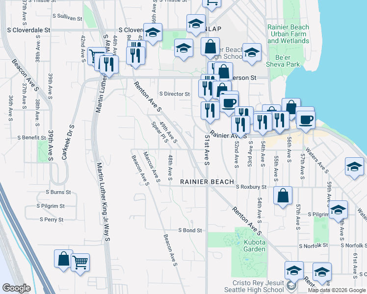 map of restaurants, bars, coffee shops, grocery stores, and more near 4817 49th Avenue South in Seattle