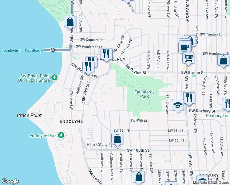 map of restaurants, bars, coffee shops, grocery stores, and more near 9345 Forest Court Southwest in Seattle