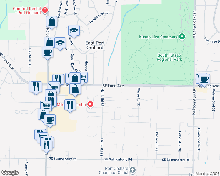 map of restaurants, bars, coffee shops, grocery stores, and more near 3355 Harris Road Southeast in Port Orchard