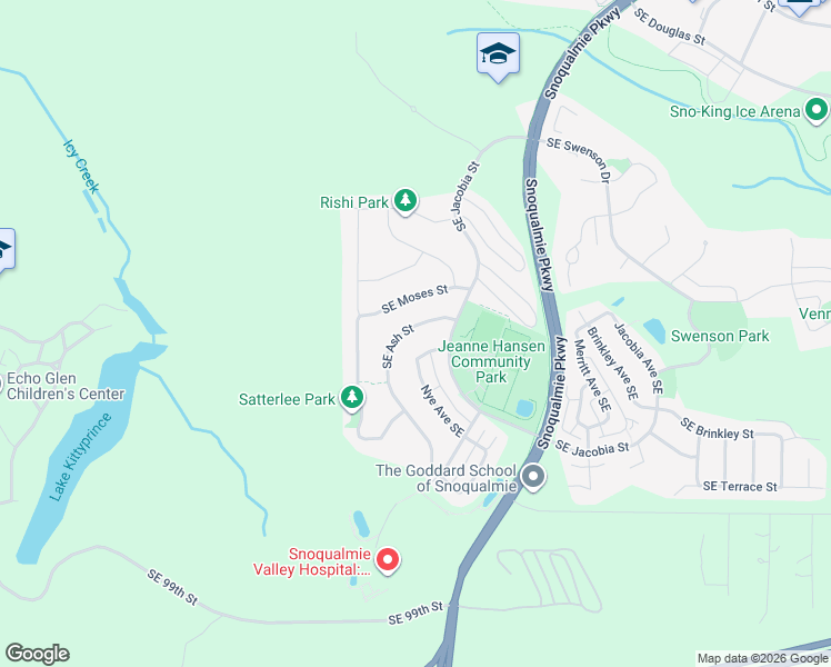 map of restaurants, bars, coffee shops, grocery stores, and more near 9126 Nye Avenue Southeast in Snoqualmie