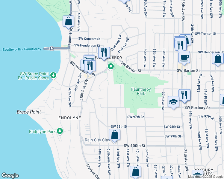 map of restaurants, bars, coffee shops, grocery stores, and more near 9345 Forest Court Southwest in Seattle