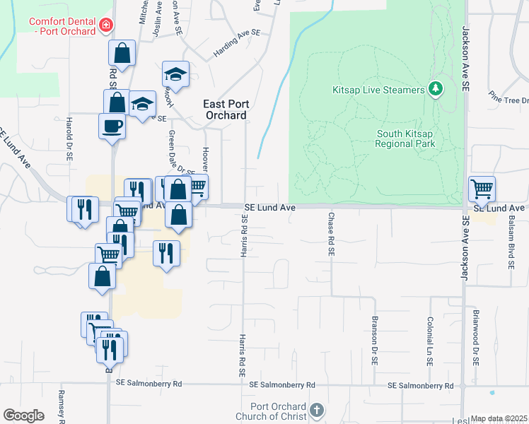 map of restaurants, bars, coffee shops, grocery stores, and more near 3355 Harris Road Southeast in Port Orchard